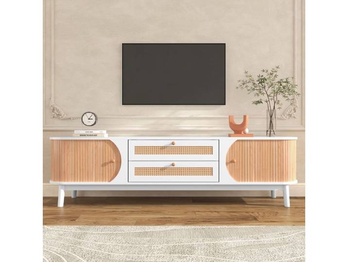 Meuble TV Blanc - Portes - Tiroirs - Banc TV Côtés en Rotin - 170 x 39 5 x 46 cm