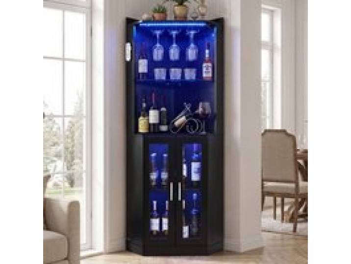 VEVOR Eckbarschrank mit LED-Beleuchtung (Dimmbar), Weinschrank mit Glashalter und Weinregal, Eckschrank mit Kippschutz, Eckbar für Wohnzimmer, Esszimmer und Küche, 50 x 50 x 170 cm Schwarz