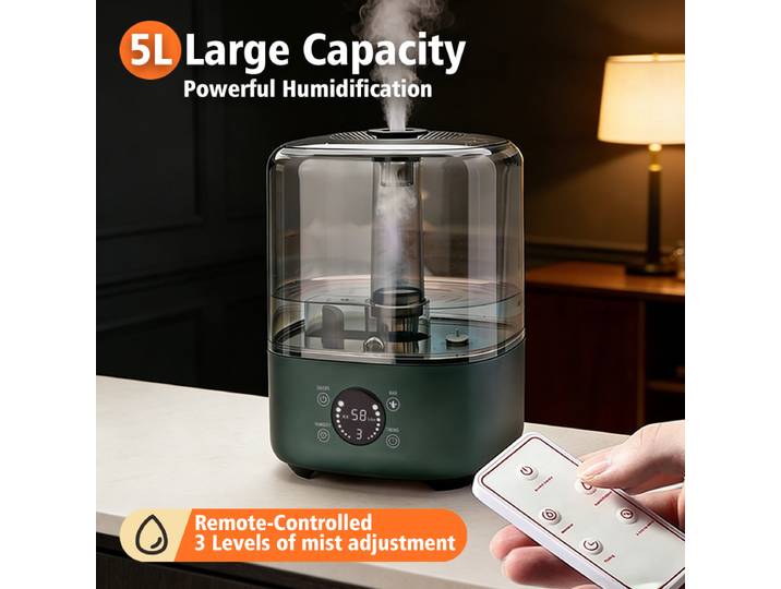 Humidificateur ultrasonique de grande capacité 5L avec diffuseur d'huiles essentielles, télécommande et pulvérisation silencieuse pour la maison et le bureau