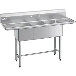 VEVOR Spülbecken mit 3 Becken & 2 Abtropfflächen & Spritzschutz, Küchenspüle (1678 x 558 x 1097 mm), Küchenspüle für Restaurants Imbisswagen Privaten Gebrauch, Edelstahlspüle