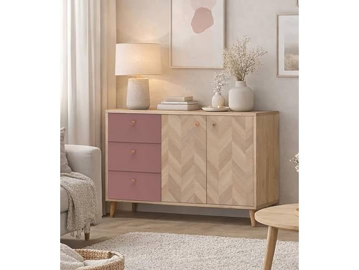 Schildmeyer Visby Sideboard 160935 Eiche hell Dekor/Mauve/Fischgräten Dekor, 109 x 33 x 73,9 cm