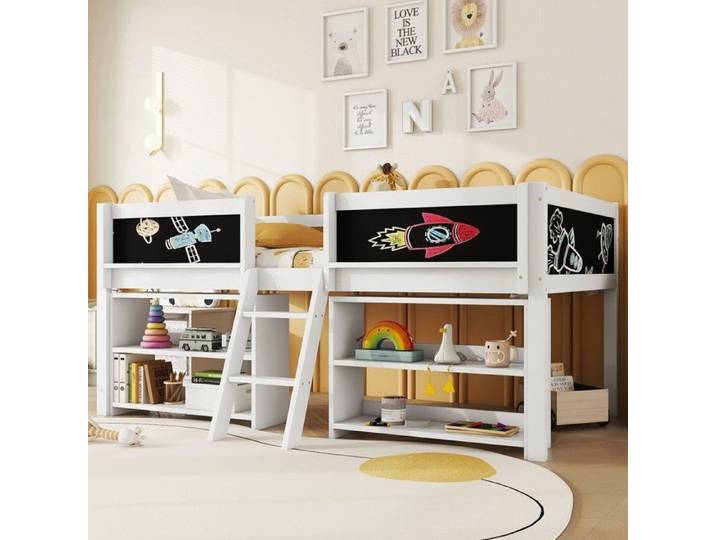 Lit mezzanine - PAGE LIVING - 90x200 cm - Coffre de rangement - Garde-corps sécurisé - Échelle stable