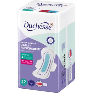 Duchesse Damenbinden Daily+ Normal, Größe 1, geruchsneutralisierend, mit Flügeln und Frischeduft, 32 Stück