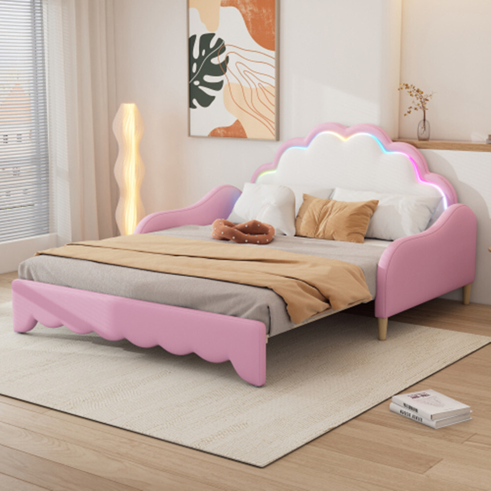 Kinderbett 140*200cm Sofabett, umwandelbar in eine Liegefläche, Kopfteil mit Lauflicht, mit Fernbedienung, Rosa