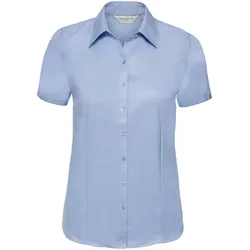 Russell Collection Taillierte Herringbone Bluse  Kurzarm, light blue, XL