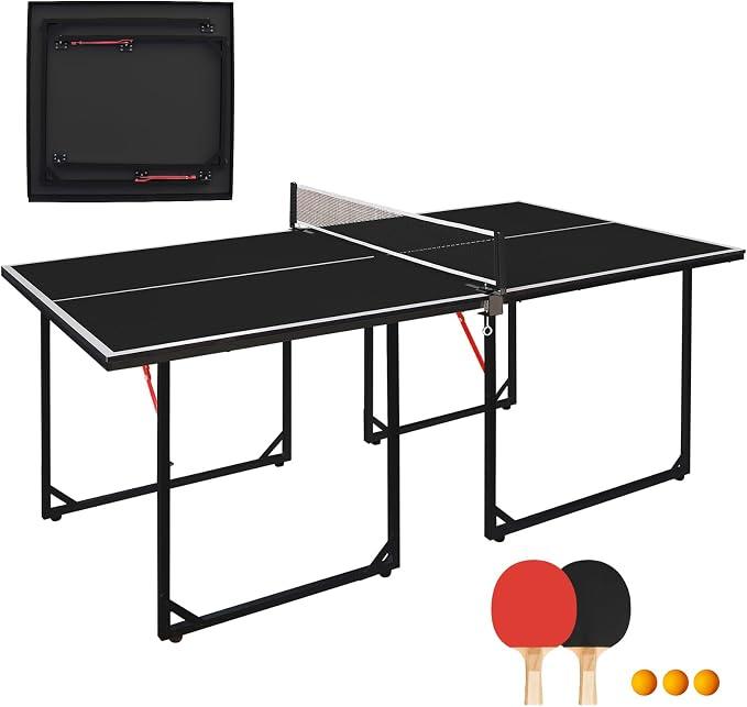 Tischtennistisch Faltbar, 182cm x 91cm Midsize Tischtennisplatte, Multifunktional Ping Pong Tisch Set, Inclusive Netz, 2 Tischtennisschläger & 3 Bälle