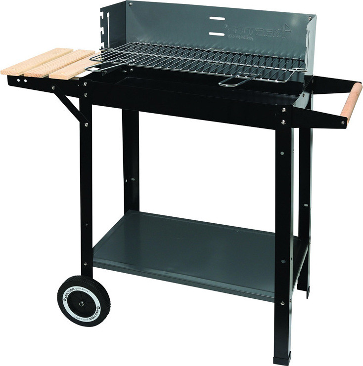 Master Grill houtskoolbarbecue op kar met houten plank voor in de tuin