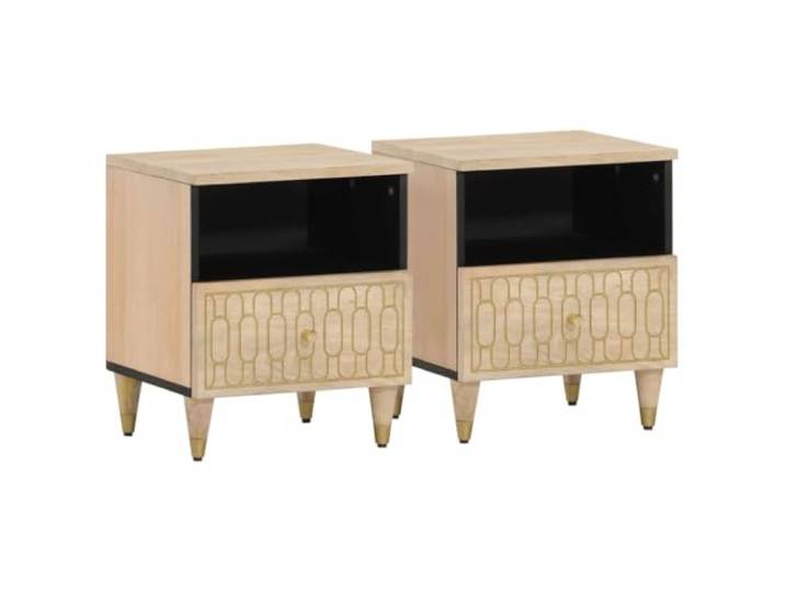 Tmriohed Nachttisch 2er Set 40x33x46 cm Massivholz Mango Beistelltisch Handgeschnitzter Kommodenschrank für Schlafzimmer mit Schublade und offenem Fach, gebleichtes Mangoholz-Design.
