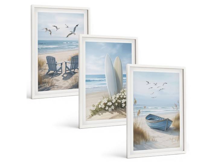 BILDER SET 3er Set - 40x60 cm Weißer Rahmen - Strand Surfbretter Vögel