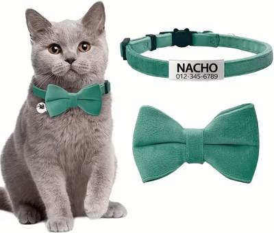 Inspire Curations PurrCharm Personalized Cat Bow Tie Collar With Engraved Name Tag green neck 19 32cm