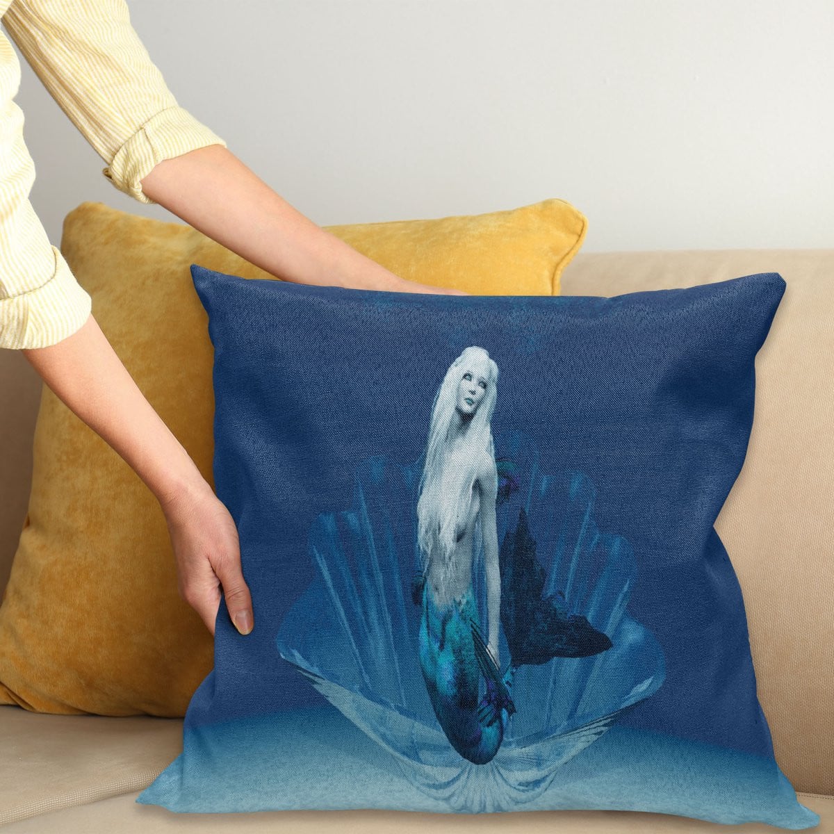 ABAKUHAUS Kussenhoes Fairy Tail Mermaid, Donkerblauw en Wit, 50 x 50 cm