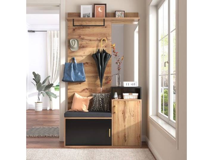 Meuble Entrée Mural Complet 4 en 1 : Garde-robe Miroir Armoire à Chaussures et Tabouret - Gain de Place & Design