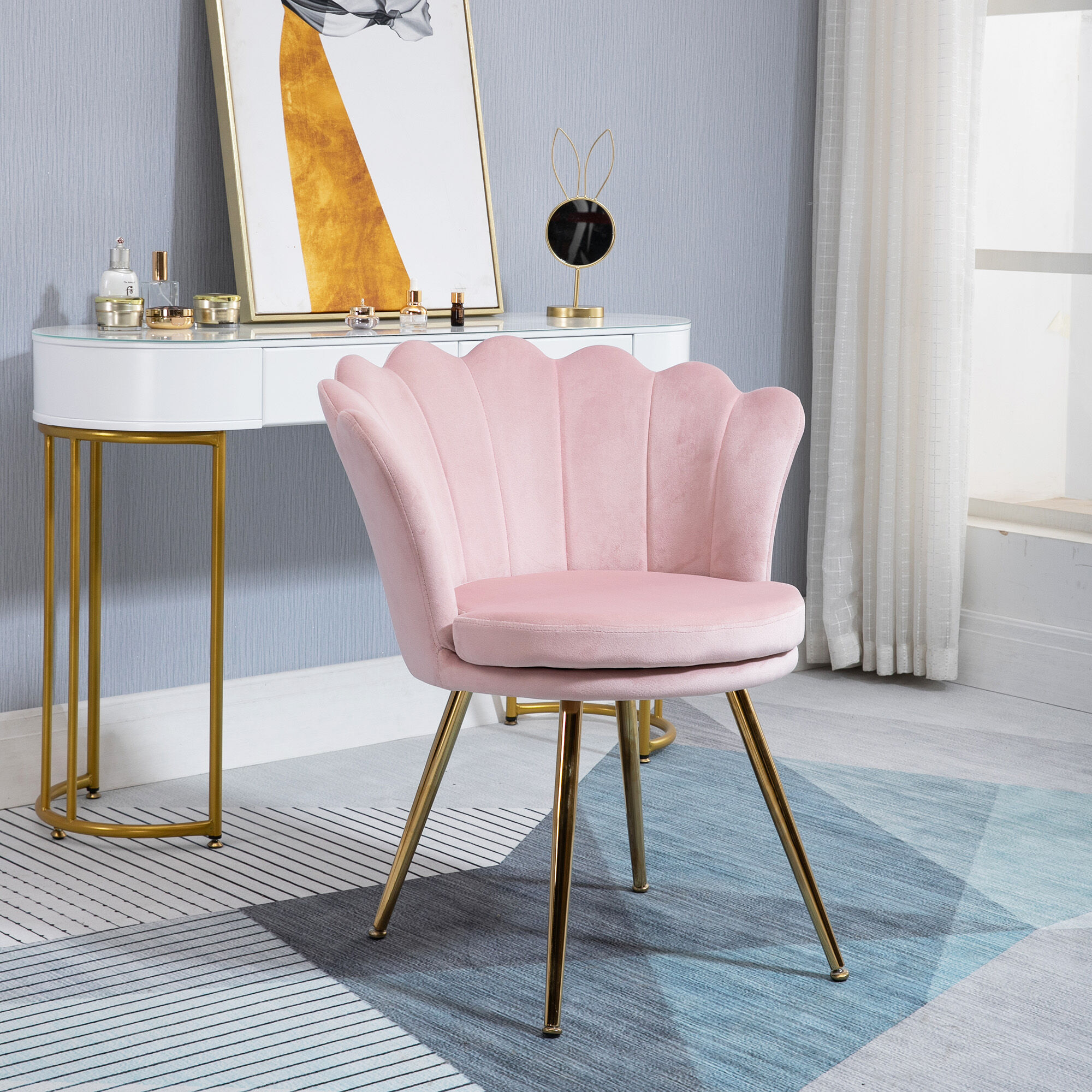 Altro Poltrona Da Salotto A Conchiglia Stile Vintage In Velluto Con Gambe Dorate Rosa