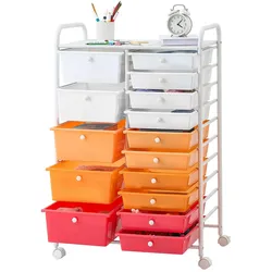 VEVOR Rollwagen mit 15 Schubladen Doppelreihe 630x385x965mm Farbverlauf Rot, Metallgestell, Ablagefläche, Handgriffe, Lenkrolle mit 2 Bremsen, Mobiler Schubladenwagen für Büro Werkstatt Bastelzimmer