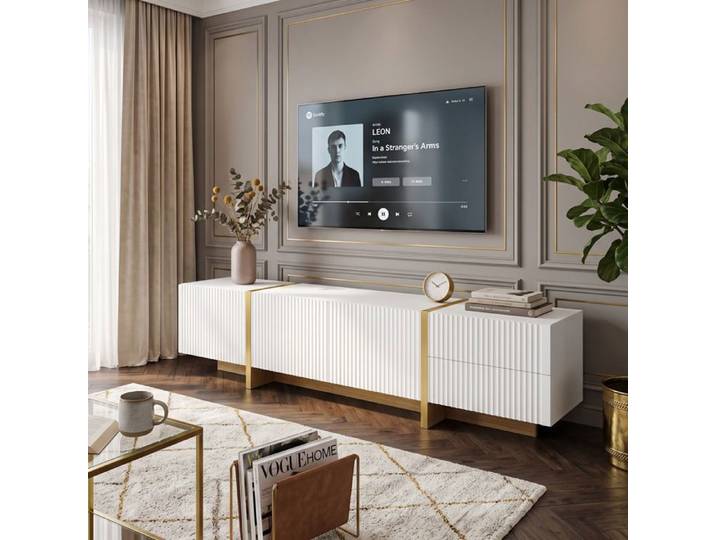 Meuble TV 190 cm Grand Rangement 3 Portes 2 Tiroirs Buffet Bas Design Soigné Cannelé