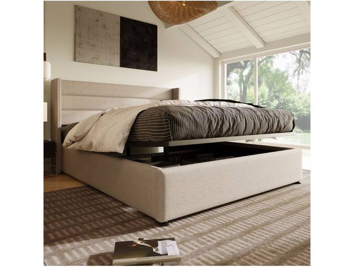 ULEVR Lit coffre hydraulique rembourré en lin beige 140 x 200 cm avec sommier à lattes