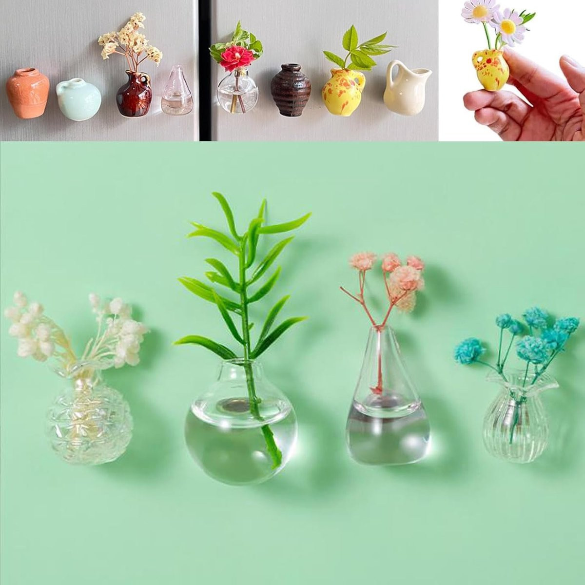 Set van 4 schattige 3D keramische bloemenvazen als koelkastmagneten