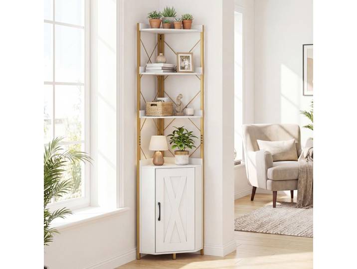 Bibliothèque d'Angle Blanc 180CM COSTWAY Rangement à 5 Étagères Garde-Corps Anti-Chute Kits Anti-Basculement pour Salon Cuisine