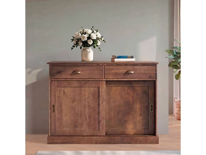 Sideboard GOODPRODUCT Schröder , braun, B:114cm H:85cm T:40cm, FSC-zertifiziertes Massivholz, Sideboards, Sideboard, Kommode, 2 Schiebetüren, 2 Schubkasten, aus massivem Kiefernholz