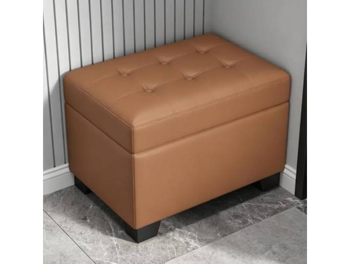 Moderne Flurbänke mit Stauraum, Sitzhocker aus Holz zum Schuhewechseln Holzgestell, gepolsterter Ledersitz, versteckter Stauraum, Flurmöbel(B,59.1 x15.7 )