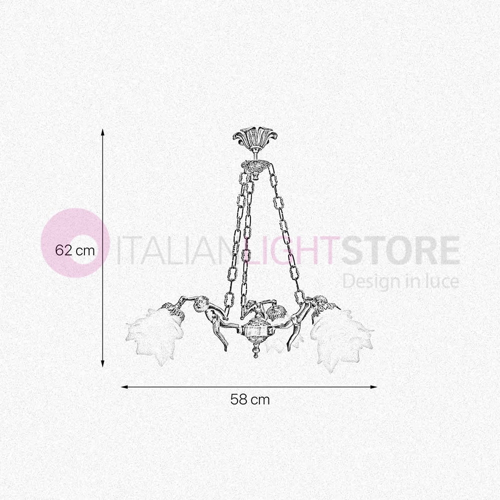 Cherubini Lampadario A 3 Luci In Fusione Di Ottone Stile Classico