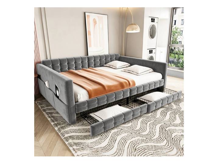 Celya Polsterbett Schlafsofa, klassisches Design, Stofftaschen an den Bettseiten (ohne Matratze, Zwei Schubladen unter dem Bett)