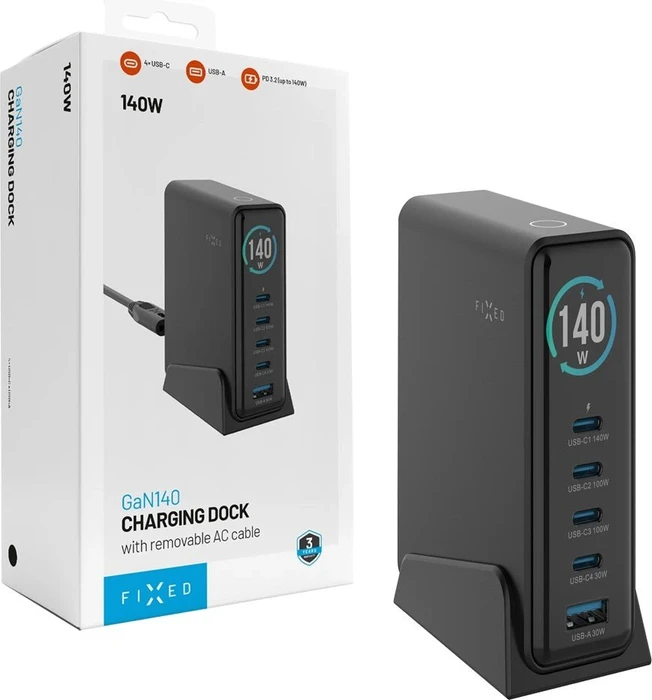 FIXED GaN Station 140W mit Display 4x USB-C/USB PD 3.2 schwarz