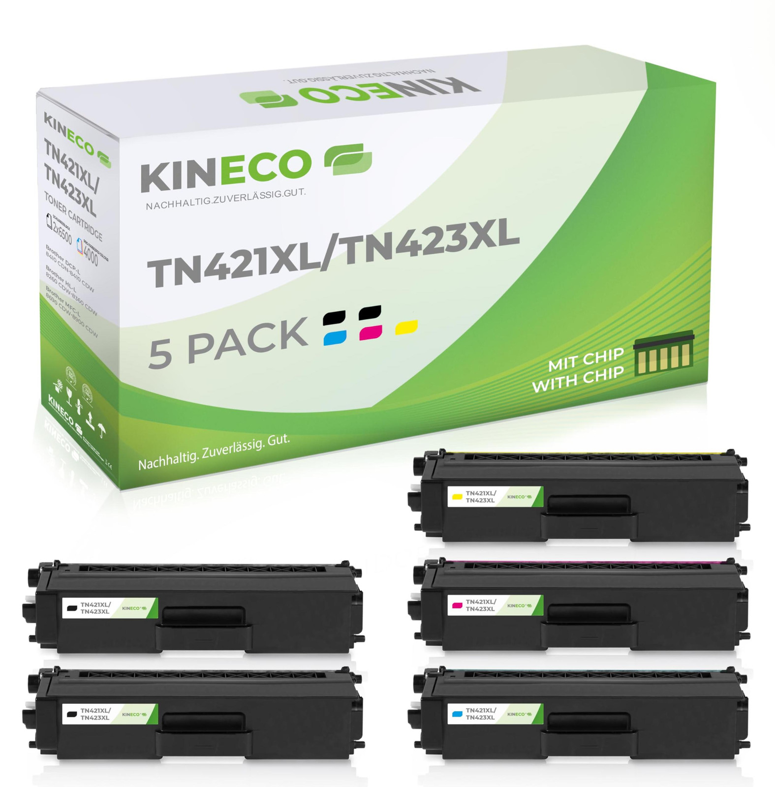 Kineco 5X XL Tonercartridges Multipack voor Brother MFC-L8690CDW en MFC-L8900CDW, vervangt TN421 TN423, 2x Zwart, 1x Cyaan, 1x Magenta, 1x Geel