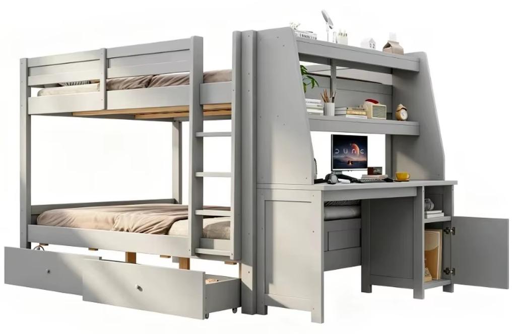 Etagenbett - 140 x 200 cm - Rausfallschutz - Verschiebbarer Schrank - Integrierter Schreibtisch - Regal und Schubladen - Grau
