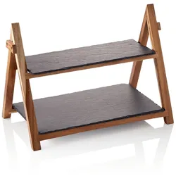 4x Serviergestell SLATE LINE, 2-stufig, Höhe 30 cm, Naturschiefer, Holz