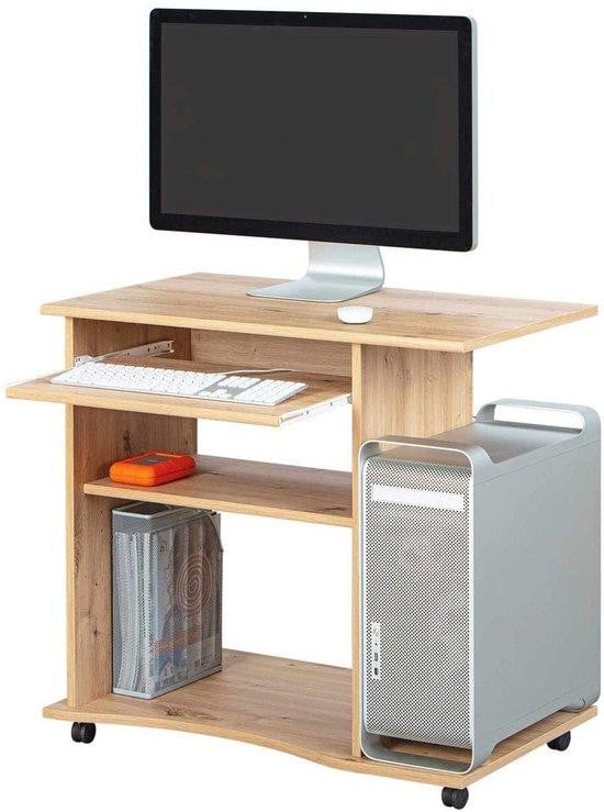 Benza Compact computerbureau op wielen met eikenlook, uitschuifbaar toetsenbordplateau en 2 opbergvakken