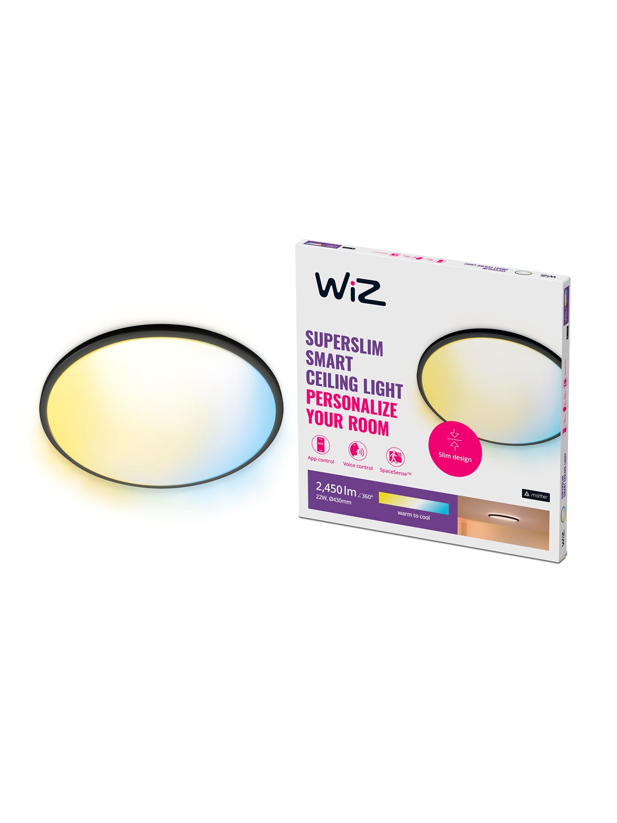 WiZ SuperSlim Smart Ceiling Light Black 22W Tunable White & Dimmable