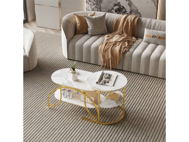 Table basse gigogne 114x46x51cm - Plateau effet marbre étagère rangement cadre métal moderne salon - Doré et blanc