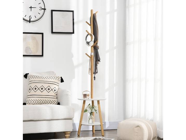 HOMCOM Porte-manteaux Bois 5 Crochets 2 Étagères