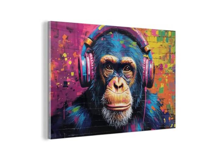 MuchoWow© Bild auf Glas Schlafzimmer Bilder Badezimmer Wand Deko Wohnzimmer 120x80 cm - Modern Wanddeko Bilderwand Geschenk Graffiti - Schimpanse - Streetart - Kopfhörer - Affe