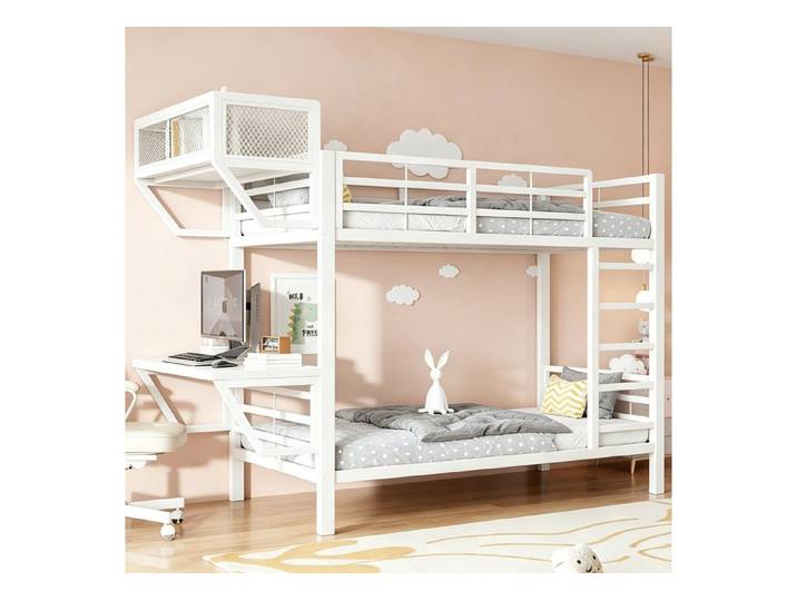 i@home Etagenbett Hochbett mit Schreibtisch & Stauraum, Arbeitsplatz 90x200 cm (2-St), Etagenbett mit Ablagefächern Metalllattenrost für Jugendzimmer