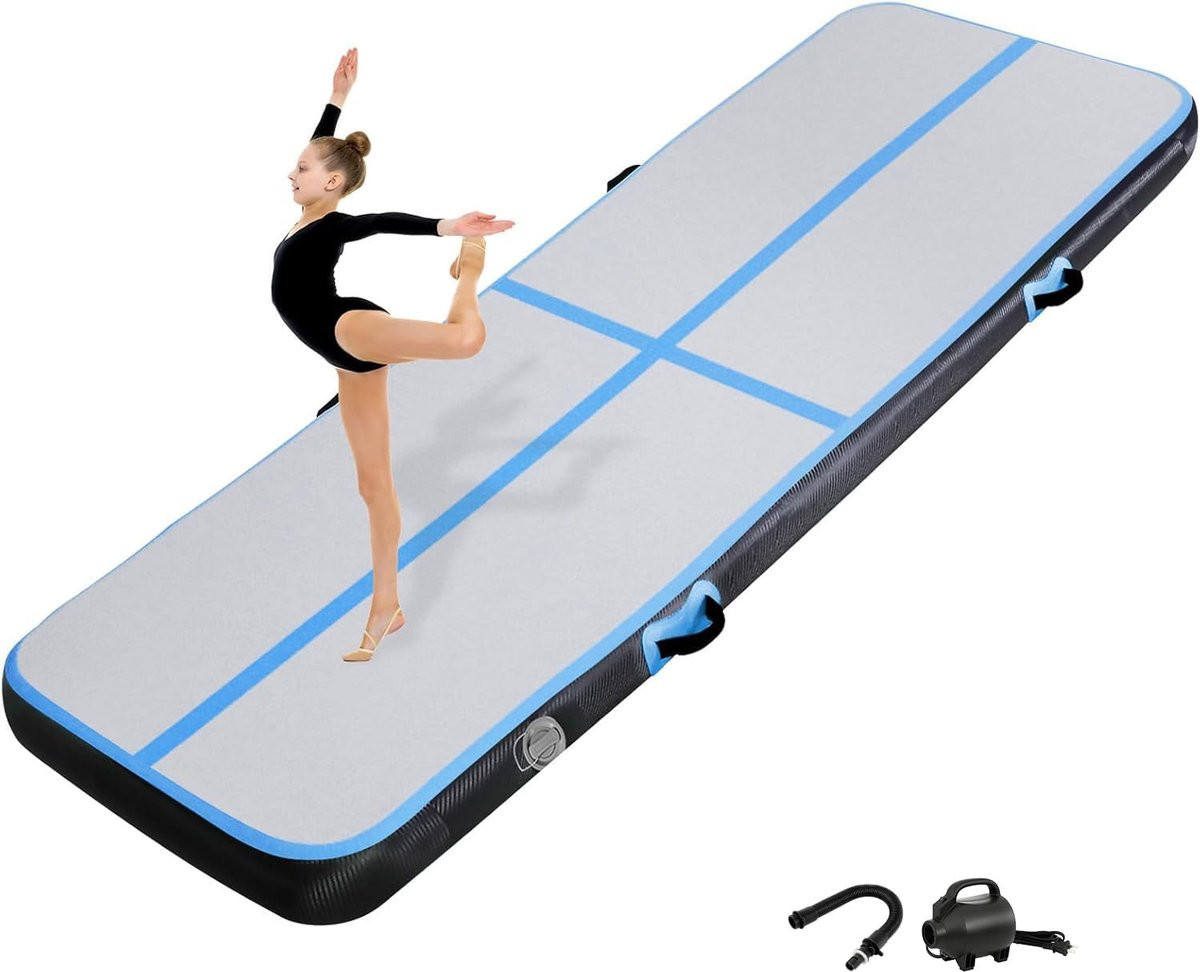 Opblaasbare gymnastiekmat turnmat fitnessmat zwartblauw 4 x 1 meter