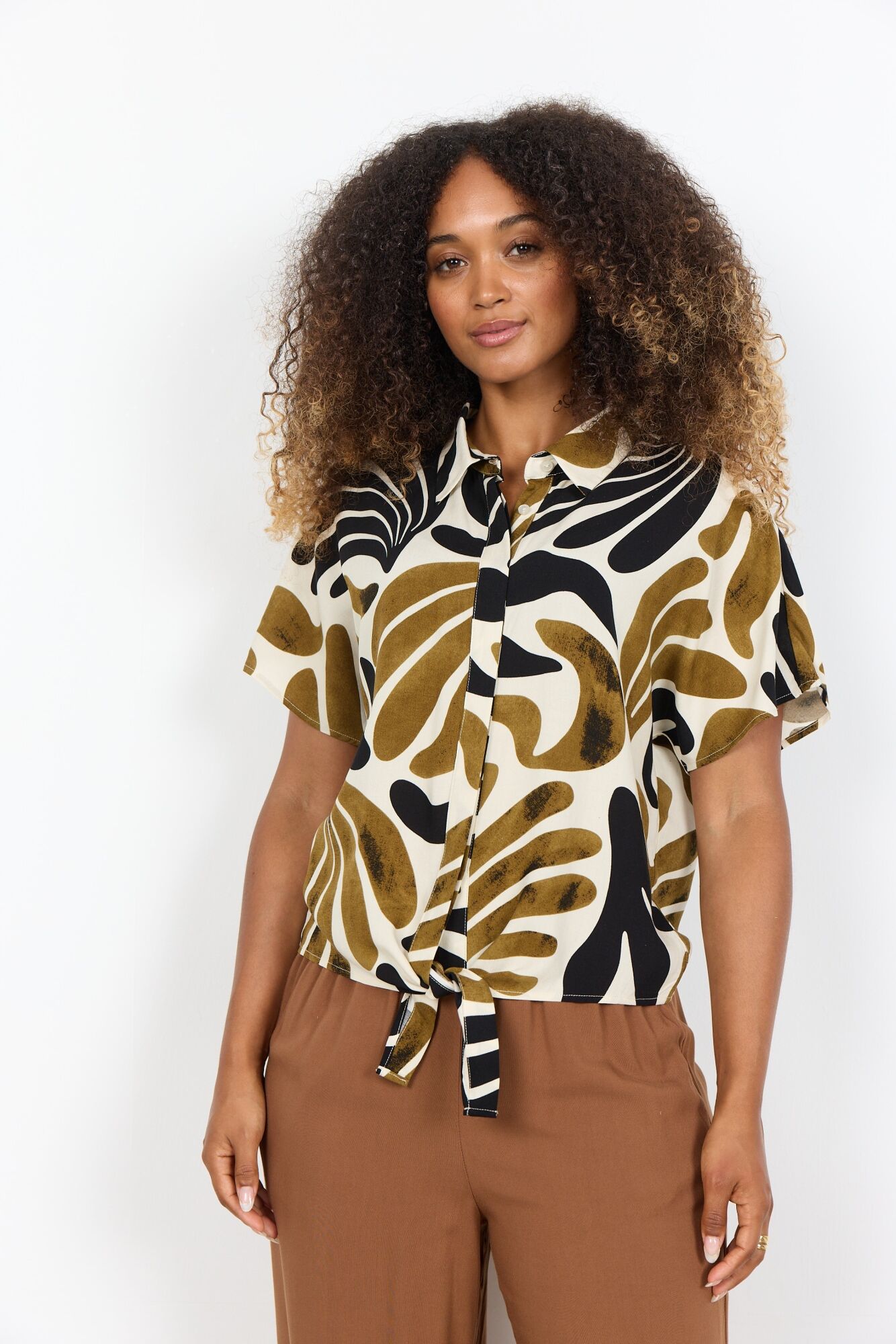 Kurzarmbluse SOYACONCEPT "SC-FELDI 1", Damen, Gr. XL, bunt (butternut combi), Web, Obermaterial: 100% Viskose, gemustert, taillenbedeckt, Rundhals, Blusen Kurzarmbluse, Viskose butternut combi XL