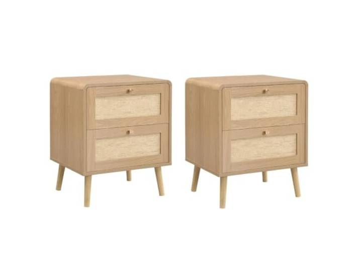 2er-Pack Rattan-Nachttisch mit 2 Schubladen, Eiche Schlafzimmer mit abgerundeten Ecken und erhöhten Beinen