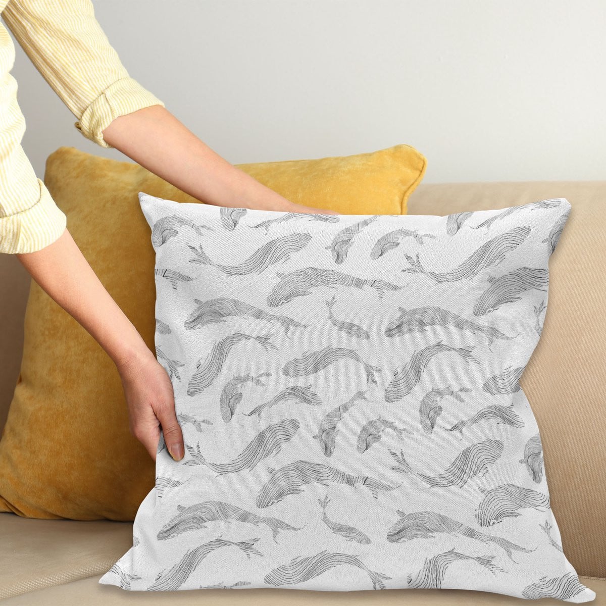 ABAKUHAUS Vis Sierkussenhoes met Handgetekend Tropisch Vispatroon, Grijs Wit, 45 x 45 cm