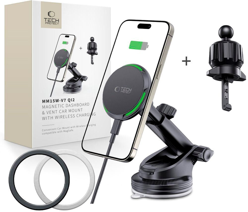 TECH-PROTECT MM15W-V7 15W Trådløs Oplader & Bilholder med MagSafe - Sort
