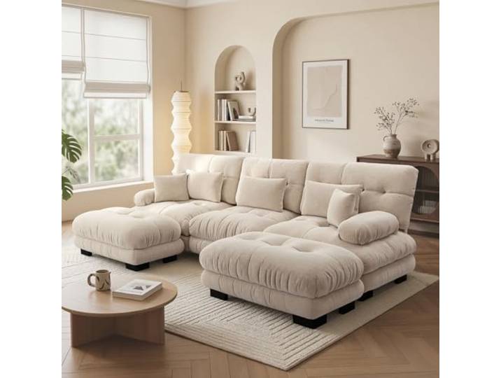 SoarTalent Modulsofa 3-Sitzer 313 cm mit 2 Hockern, Modular in U-Form, Chenille-Stoff, Holzgestell, Hellbraun