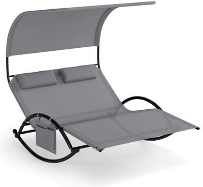 Costway Outdoor Dual Rocker Sunbed 2-Person Canopied Patio Lounger with Detachable Headrests-Gray