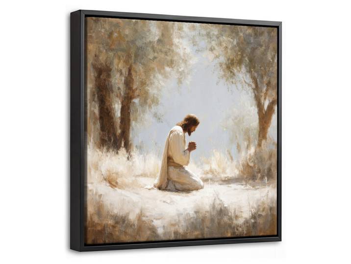 LEINWAND Bilder mit Rahmen - Jesus - Kniend - Waldlandschaft - Betend - 20x20