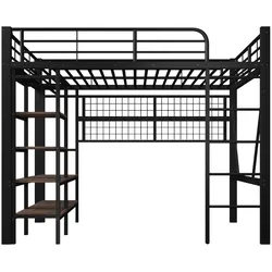 STILVORA Hochbett Metall Schwarz 140x200 cm mit LED, Ablagefach und Kleiderstange