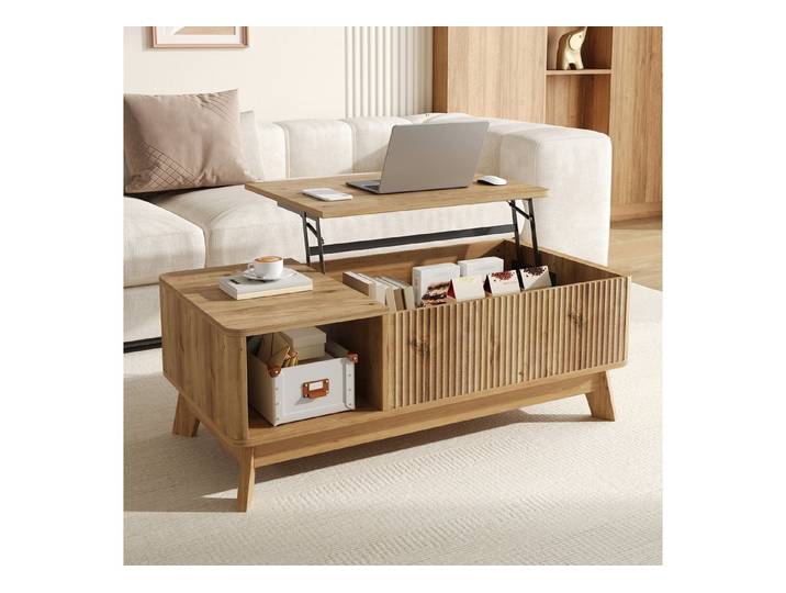 HAUSS SPOLE Couchtisch mit Hubfunktion,Couchtisch Sofatisch mit verstecktem Stauraum,Natur, Höhenverstellbare Tischplatte flexibel nutzbar