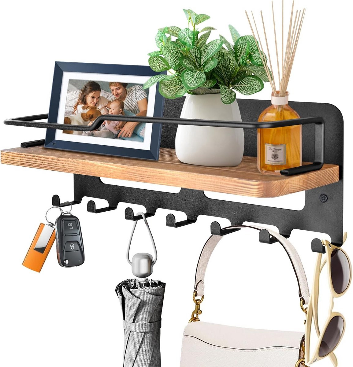 Houten Sleutelrek Wandorganizer met Plank en 7 Haken - Zwart