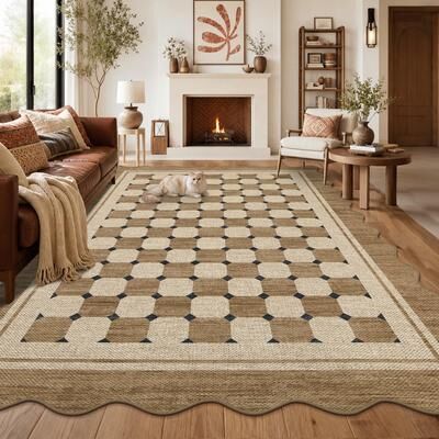 Garvee Scalloped Easy Jute Indoor Outdoor Geometric Checkered Area Rug