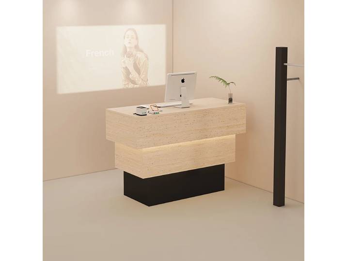 Bureau de réception esthétique et tendance, bureau de réception moderne de luxe avec rangement et présentoir, mobilier commercial vintage pour salon