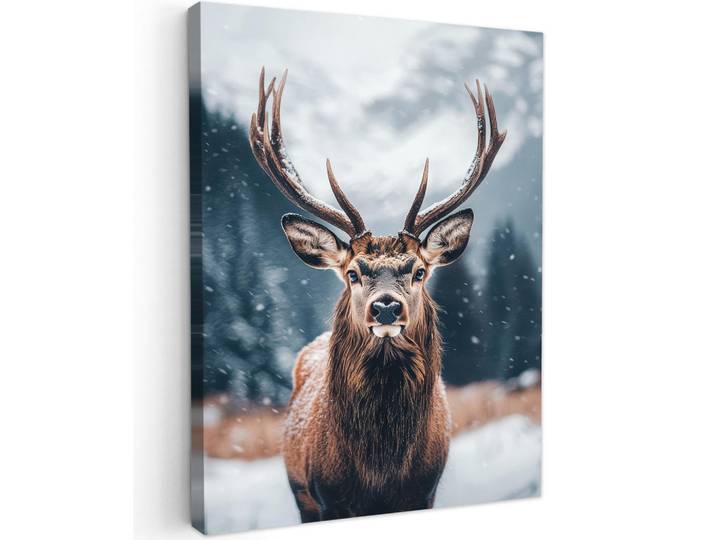 MuchoWow Leinwandbild - Hirsche - Tiere - Landschaft - Winter - Schnee - 60x80 - Gemälde, Kastanienfarben, Textil, Kiefer, Abstrakt, Rechteckig, 60x80 cm, gerahmt, Bilder & Rahmen, Bilder, Wandbilder
